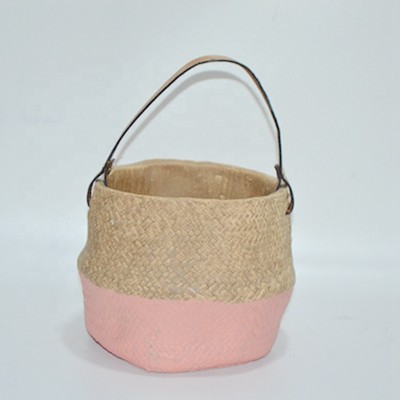 Stylish Pink cement flower pot planter with  rope handle