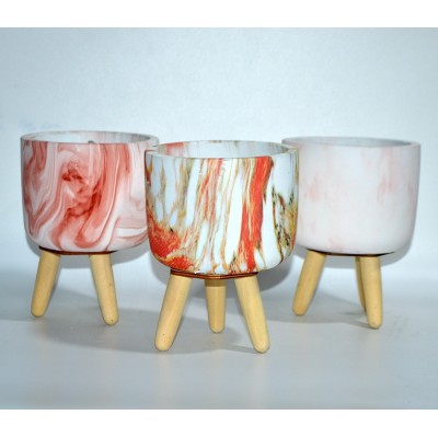 Marble effect cement flower pot planter with wooden rack holder