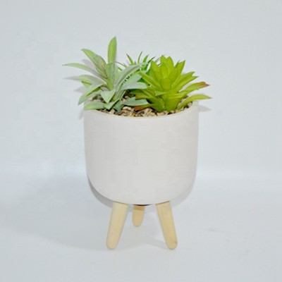 Matte white cement flower pot planter with wooden rack holder Durable Garden Decoration