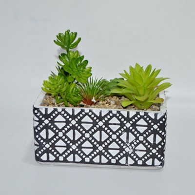 Classic rectangle shape Cement flower pot planters with Green aritificial plants