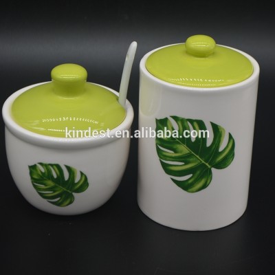 Ceramic Green Leaves printing Seasoning pot Canister jar